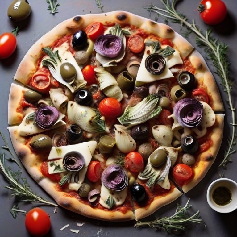 Pizza med kronärtskockor, tomater, oliver, mozzarella och timjan